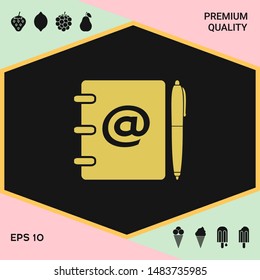 Notebook, address, phone book with email symbol and pen icon. Graphic elements for your design