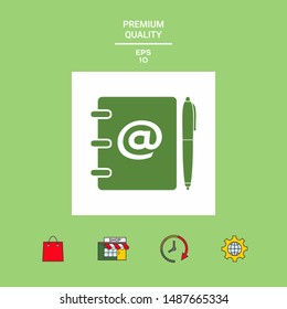 Notebook, address, phone book with email symbol and pen icon. Graphic elements for your design