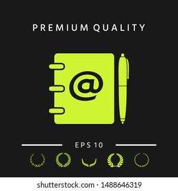 Notebook, address, phone book with email symbol and pen icon. Graphic elements for your design