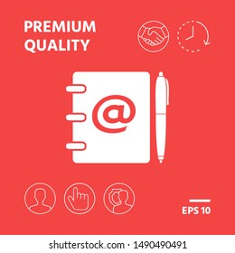 Notebook, address, phone book with email symbol and pen icon. Graphic elements for your design