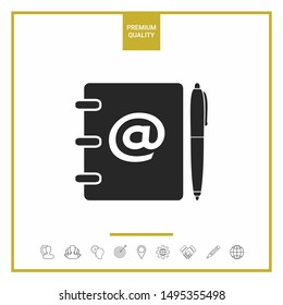 Notebook, address, phone book with email symbol and pen icon. Graphic elements for your design