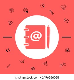 Notebook, address, phone book with email symbol and pen icon. Graphic elements for your design