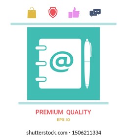 Notebook, address, phone book with email symbol and pen icon. Graphic elements for your design