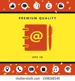 Notebook, address, phone book with email symbol and pen icon. Graphic elements for your design