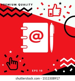 Notebook, address, phone book with email symbol and pen icon. Graphic elements for your design