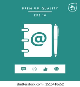 Notebook, address, phone book with email symbol and pen icon. Graphic elements for your design