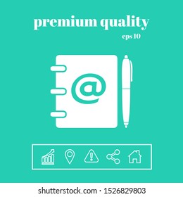 Notebook, address, phone book with email symbol and pen icon. Graphic elements for your design
