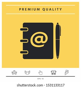 Notebook, address, phone book with email symbol and pen icon. Graphic elements for your design