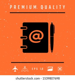 Notebook, address, phone book with email symbol and pen icon. Graphic elements for your design