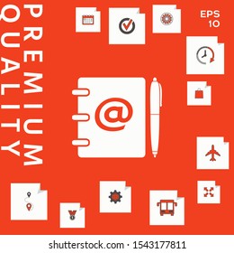Notebook, address, phone book with email symbol and pen icon. Graphic elements for your design