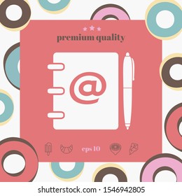 Notebook, address, phone book with email symbol and pen icon. Graphic elements for your design