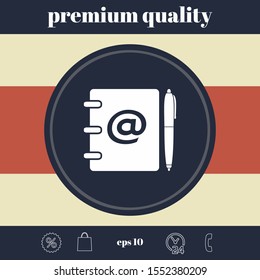 Notebook, address, phone book with email symbol and pen icon. Graphic elements for your design