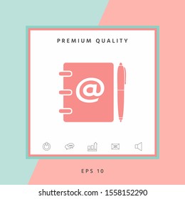 Notebook, address, phone book with email symbol and pen icon. Graphic elements for your design