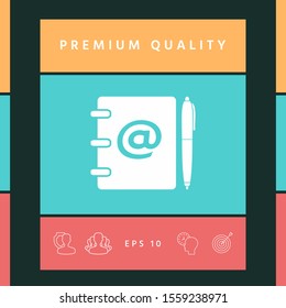 Notebook, address, phone book with email symbol and pen icon. Graphic elements for your design