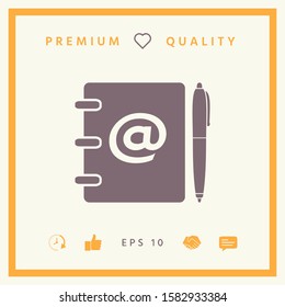 Notebook, address, phone book with email symbol and pen icon. Graphic elements for your design