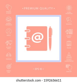 Notebook, address, phone book with email symbol and pen icon. Graphic elements for your design