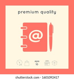 Notebook, address, phone book with email symbol and pen icon. Graphic elements for your design