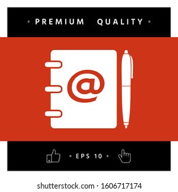 Notebook, address, phone book with email symbol and pen icon. Graphic elements for your design