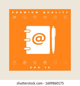 Notebook, address, phone book with email symbol and pen icon. Graphic elements for your design