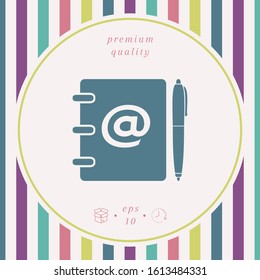 Notebook, address, phone book with email symbol and pen icon. Graphic elements for your design