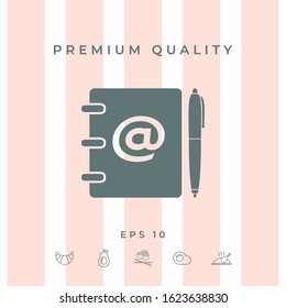 Notebook, address, phone book with email symbol and pen icon. Graphic elements for your design