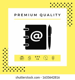 Notebook, address, phone book with email symbol and pen icon. Graphic elements for your design