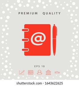 Notebook, address, phone book with email symbol and pen icon. Graphic elements for your design
