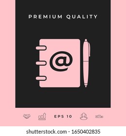Notebook, address, phone book with email symbol and pen icon. Graphic elements for your design