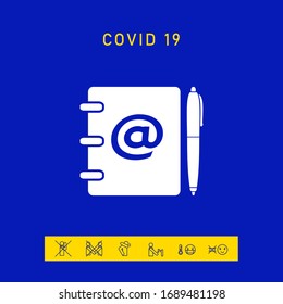 Notebook, address, phone book with email symbol and pen icon. Graphic elements for your design