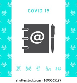 Portátil, dirección, libreta de teléfonos con símbolo de correo electrónico e icono de lápiz. Elementos gráficos para el diseño