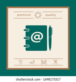 Notebook, Adresse, Telefonbuch mit E-Mail Symbol und Stift Symbol. Grafische Elemente für Ihr Design