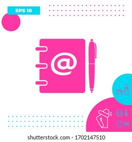Portátil, dirección, libreta de teléfonos con símbolo de correo electrónico e icono de lápiz. Elementos gráficos para el diseño