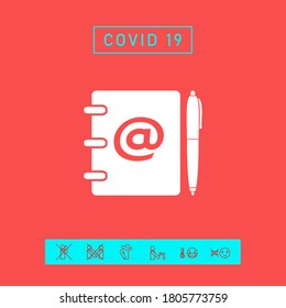 Notebook, address, phone book with email symbol and pen icon. Graphic elements for your design