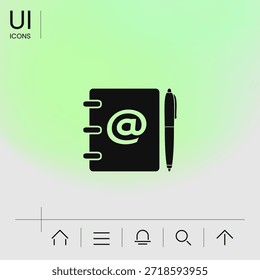 Bloco de notas, endereço, catálogo telefônico com símbolo de email e ícone de caneta, elementos para seu design