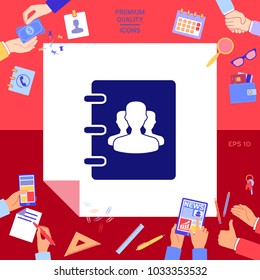 Notebook, address, phone book icon with symbol of group people 