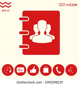 Notebook, address, phone book icon with symbol of group people 