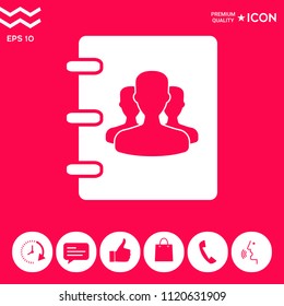 Notebook, address, phone book icon with symbol of group people 