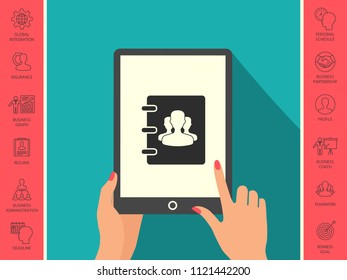 Notebook, address, phone book icon with symbol of group people 