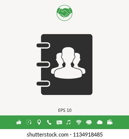 Notebook, address, phone book icon with symbol of group people 