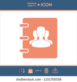 Notebook, address, phone book icon with symbol of group people 