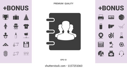 Notebook, address, phone book icon with symbol of group people 