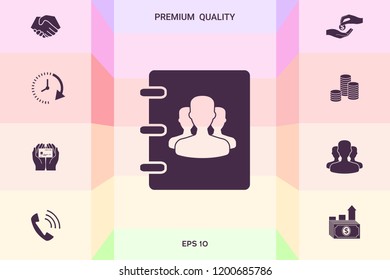 Notebook, address, phone book icon with symbol of group people 
