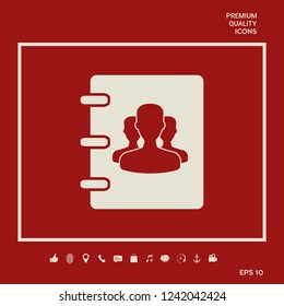 Notebook, address, phone book icon with symbol of group people . Graphic elements for your design