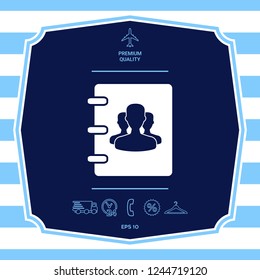 Notebook, address, phone book icon with symbol of group people . Graphic elements for your design