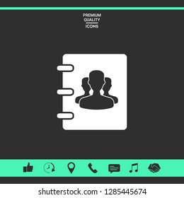 Notebook, address, phone book icon with symbol of group people . Graphic elements for your design