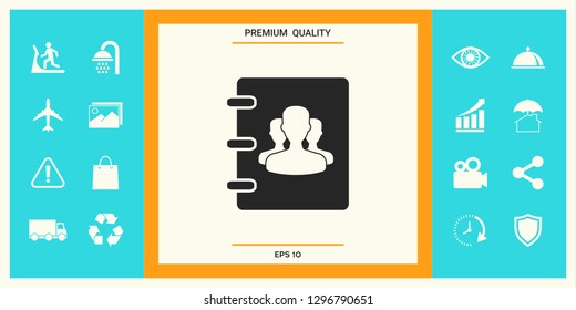 Notebook, address, phone book icon with symbol of group people . Graphic elements for your design