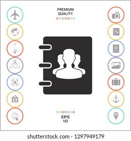 Notebook, address, phone book icon with symbol of group people . Graphic elements for your design