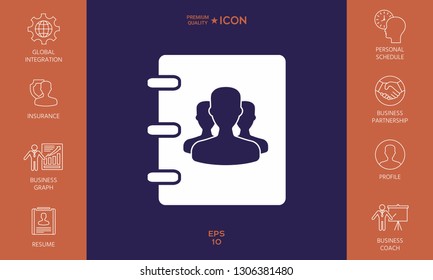 Notebook, address, phone book icon with symbol of group people . Graphic elements for your design