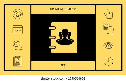 Notebook, address, phone book icon with symbol of group people . Graphic elements for your design