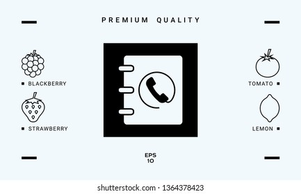 Notebook, address, phone book icon with handset symbol. Graphic elements for your design